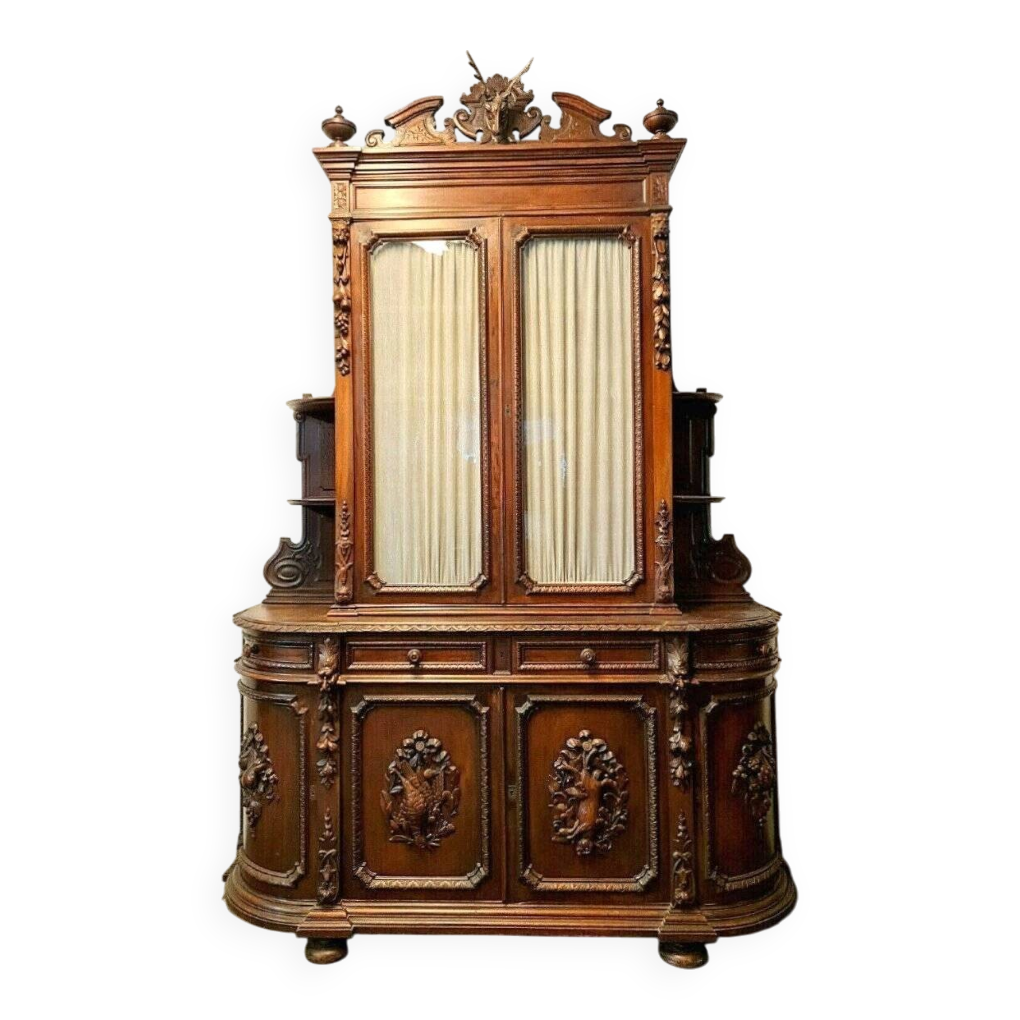 Renaissance castle library in walnut, half-moon shape, circa 1850