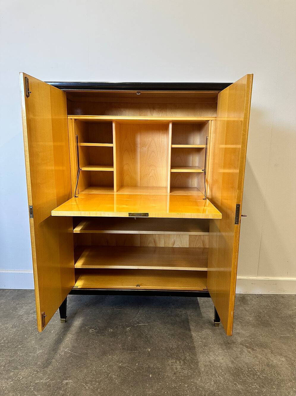 Exquisite 1950s neoclassical sycamore secretaire by Frères De Coene, Belgium.