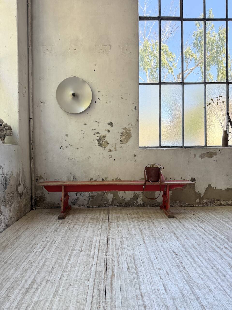 1950s oak bench with red patina, 2m