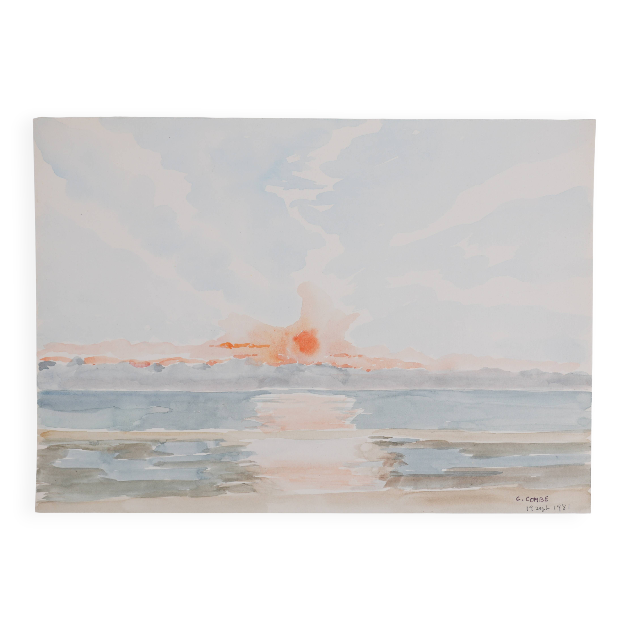 Camille COMBE: Twilight reflections on the water, original signed watercolor