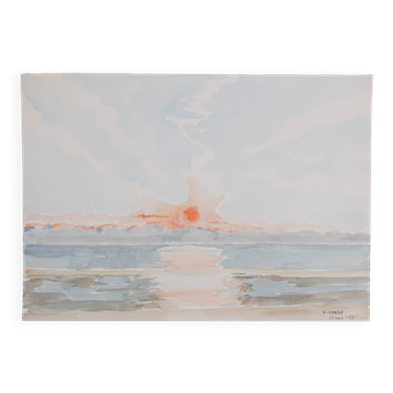 Camille COMBE : Reflets du crépuscule sur l’eau, aquarelle originale signée