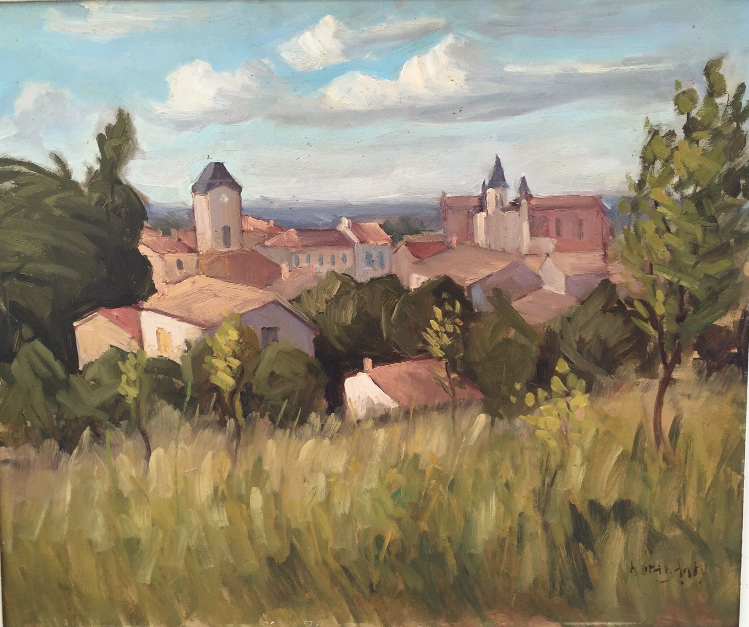 Oil on panel: Landscape, village in the countryside