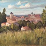 Oil on panel: Landscape, village in the countryside