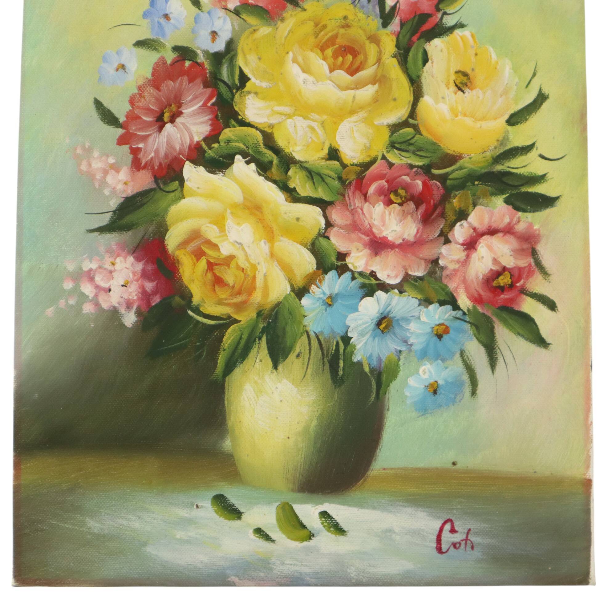 Flowers in Vase Still Life Painting Amateur Signed 27cm