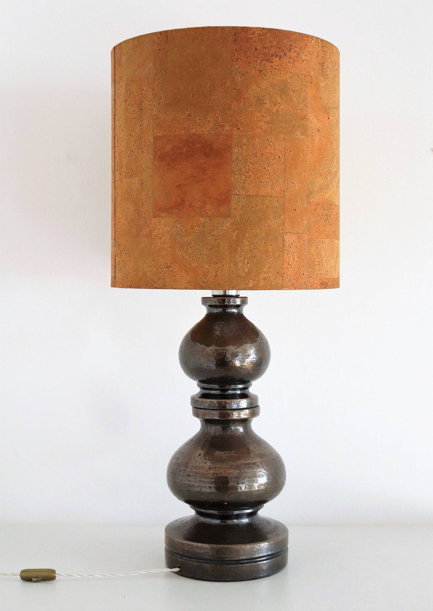 Italian Ceramic Table Lamp by Aldo Londi with Cork Lampshade, 1960