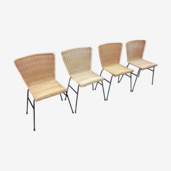 Ensemble de quatre chaises en osier des années 60 dans le style de franco legler