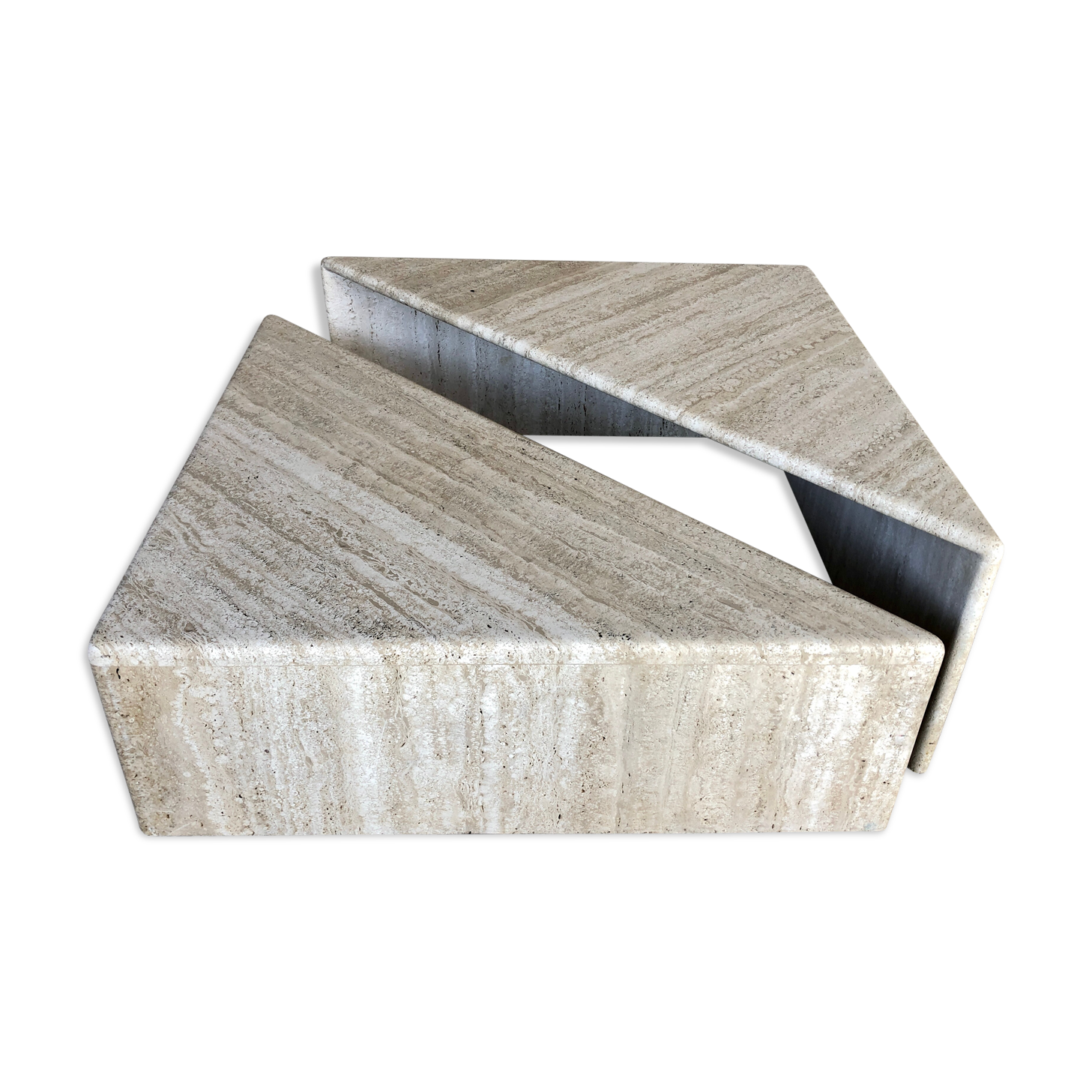 Pair of triangular coffee tables in travertine, Italy circa 70 / 80