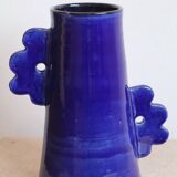 Handmade ceramic abstract vase with asymmetrical floral handles midnight blue