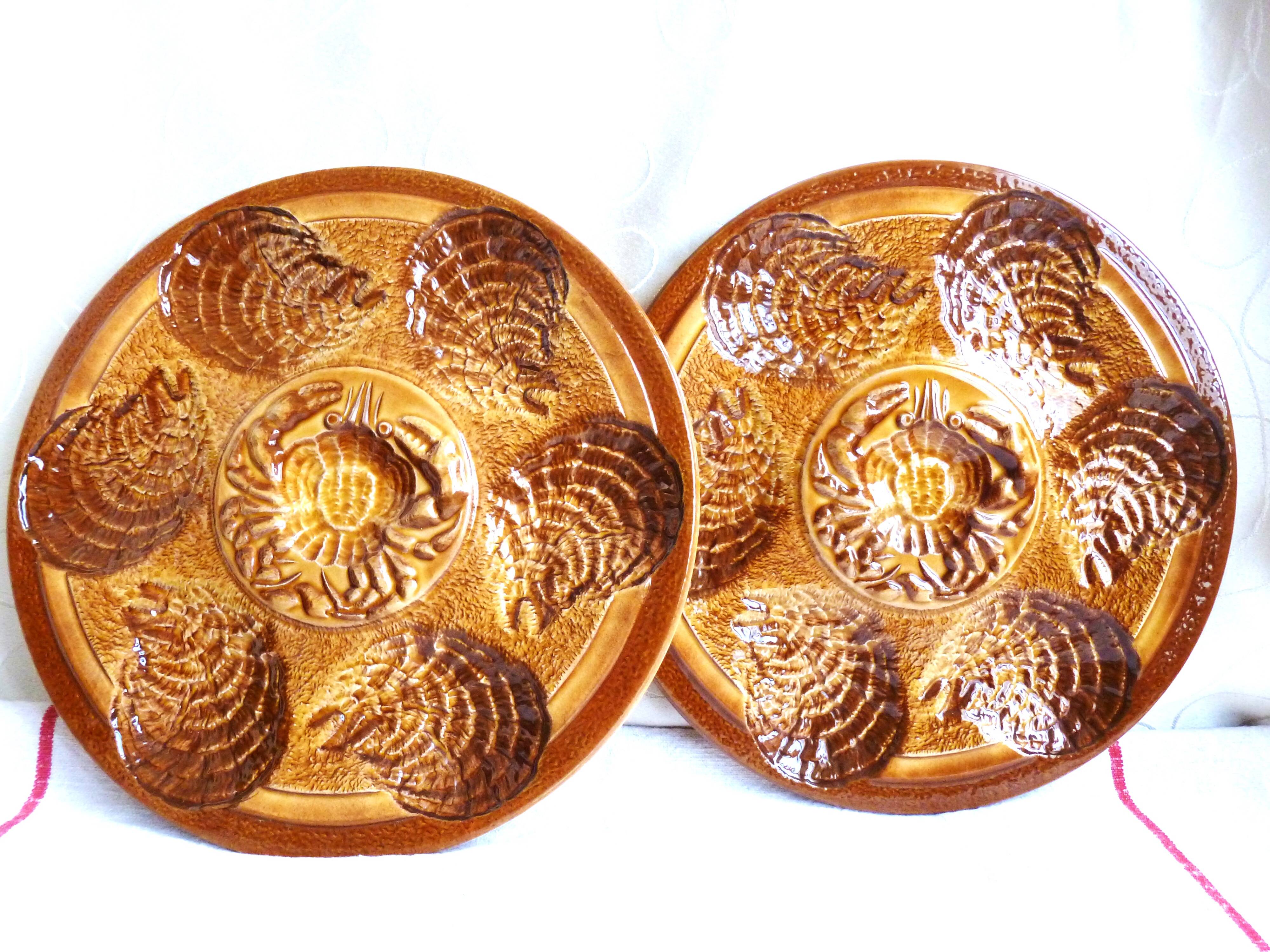 Sarreguemines oyster plates, Christmas plates, seafood plates.