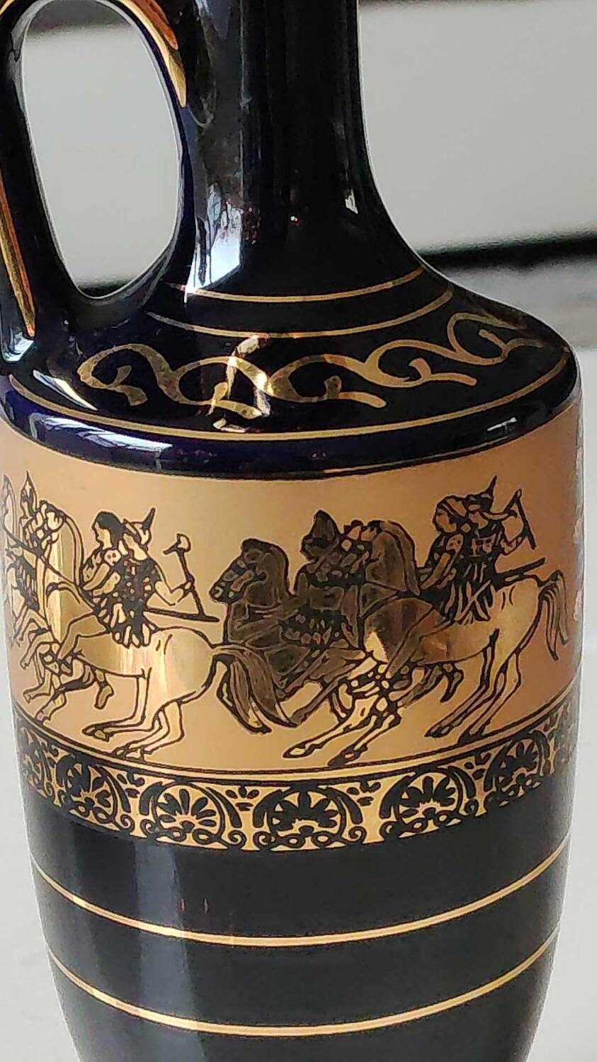 Greek Amphora Vase/Scenes of life Greek Mythology. Signed KA. Handmade in Greece, gilded with 24c fine gold. High 22.5 cm