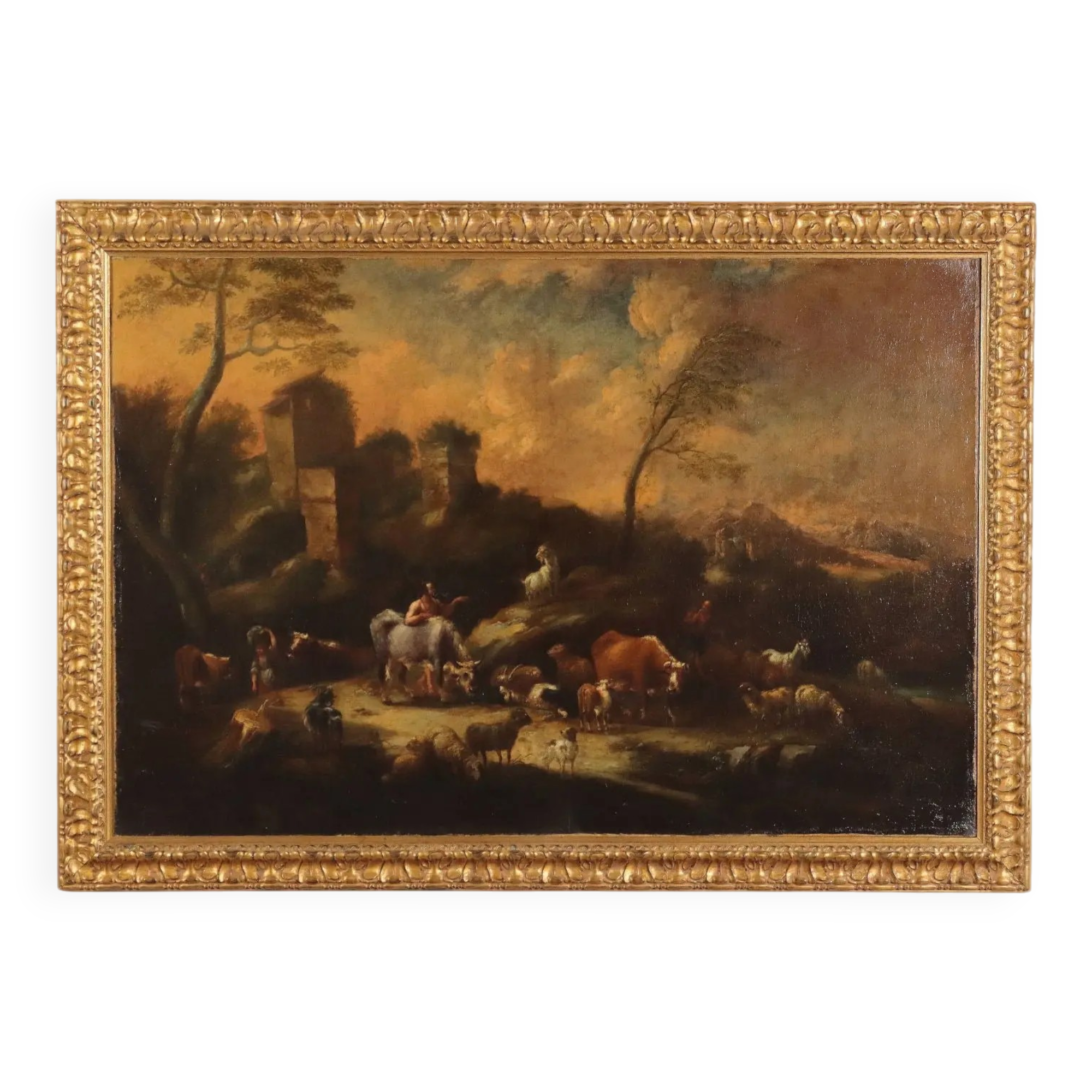 Landscape painting with figures and herds, oil on canvas, 18th century.
