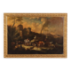 Landscape painting with figures and herds, oil on canvas, 18th century.