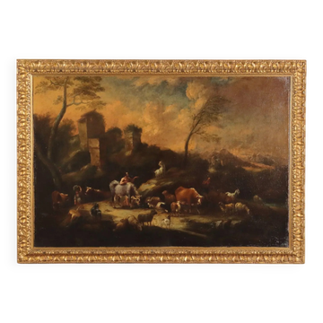Landscape painting with figures and herds, oil on canvas, 18th century.