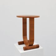 Art deco oak wooden round side table with bended leg, France 1920s