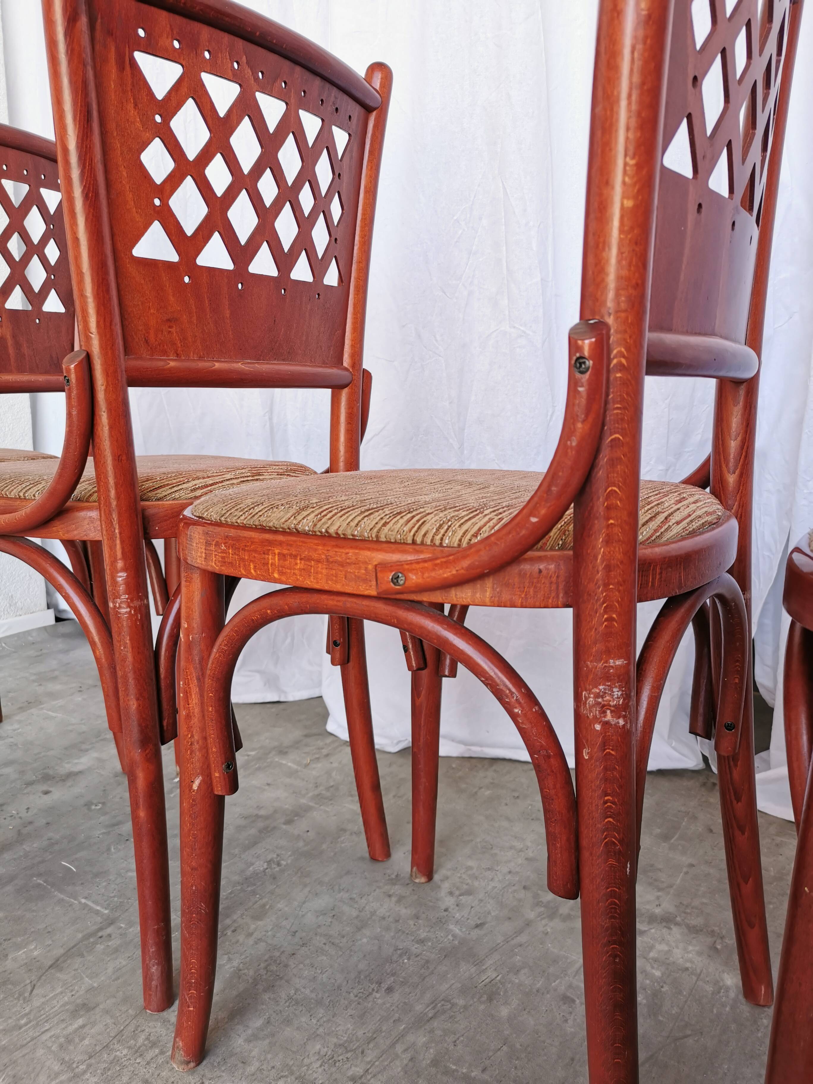Vintage Italian Bistro Chairs - 1980s Reddish Wood, Brown Fabric - Set of 4