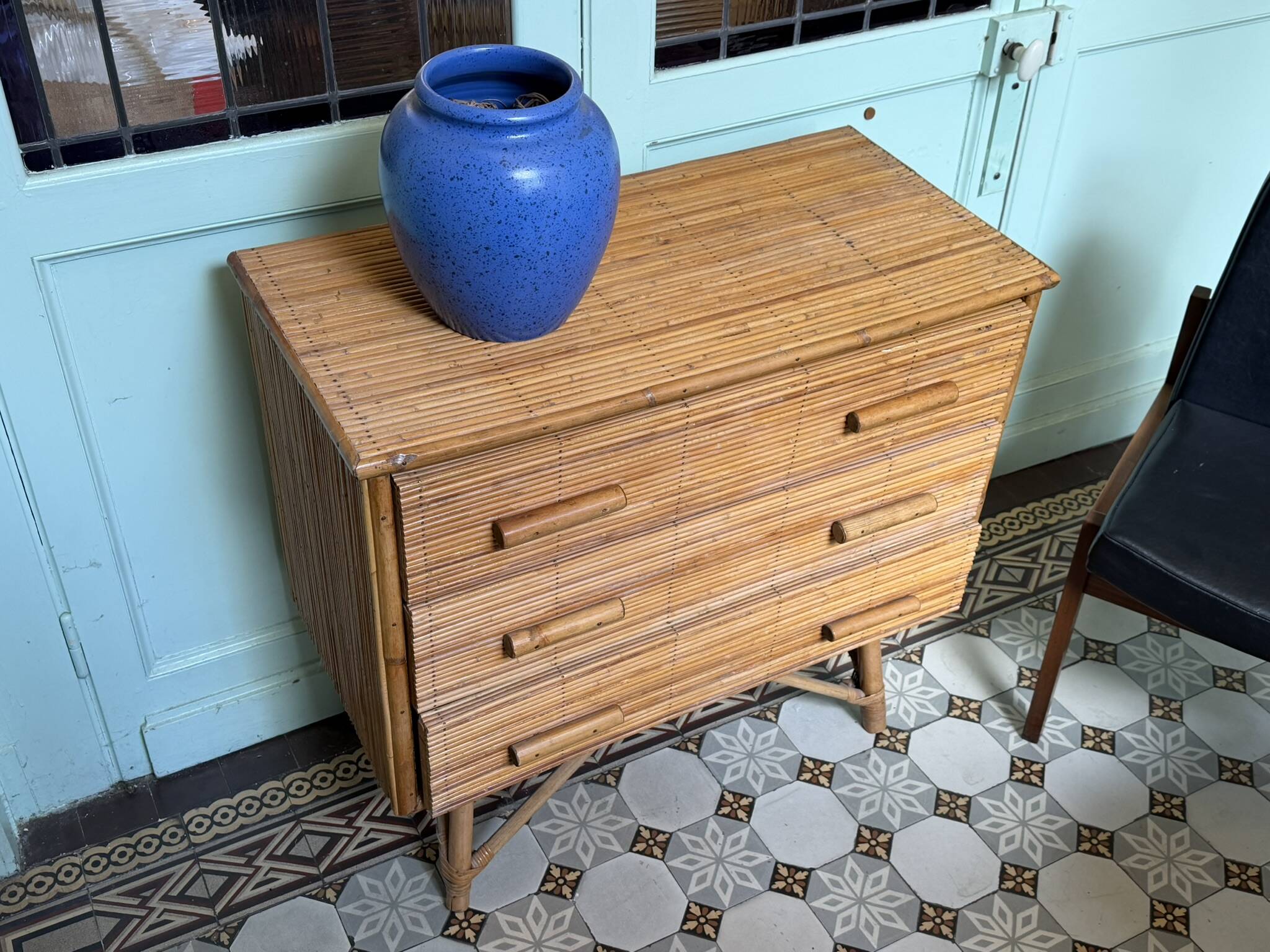 Commode 3 tiroirs bambou/rotin vintage