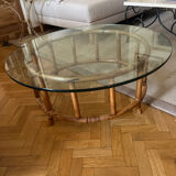 Table basse en rotin et verre fumé très épais