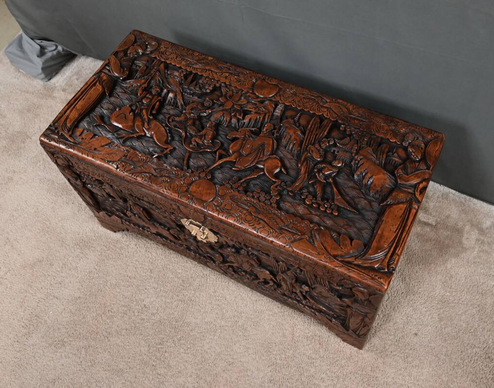 Large Camphor Wood Carved Chest, China – Mid 20th Century