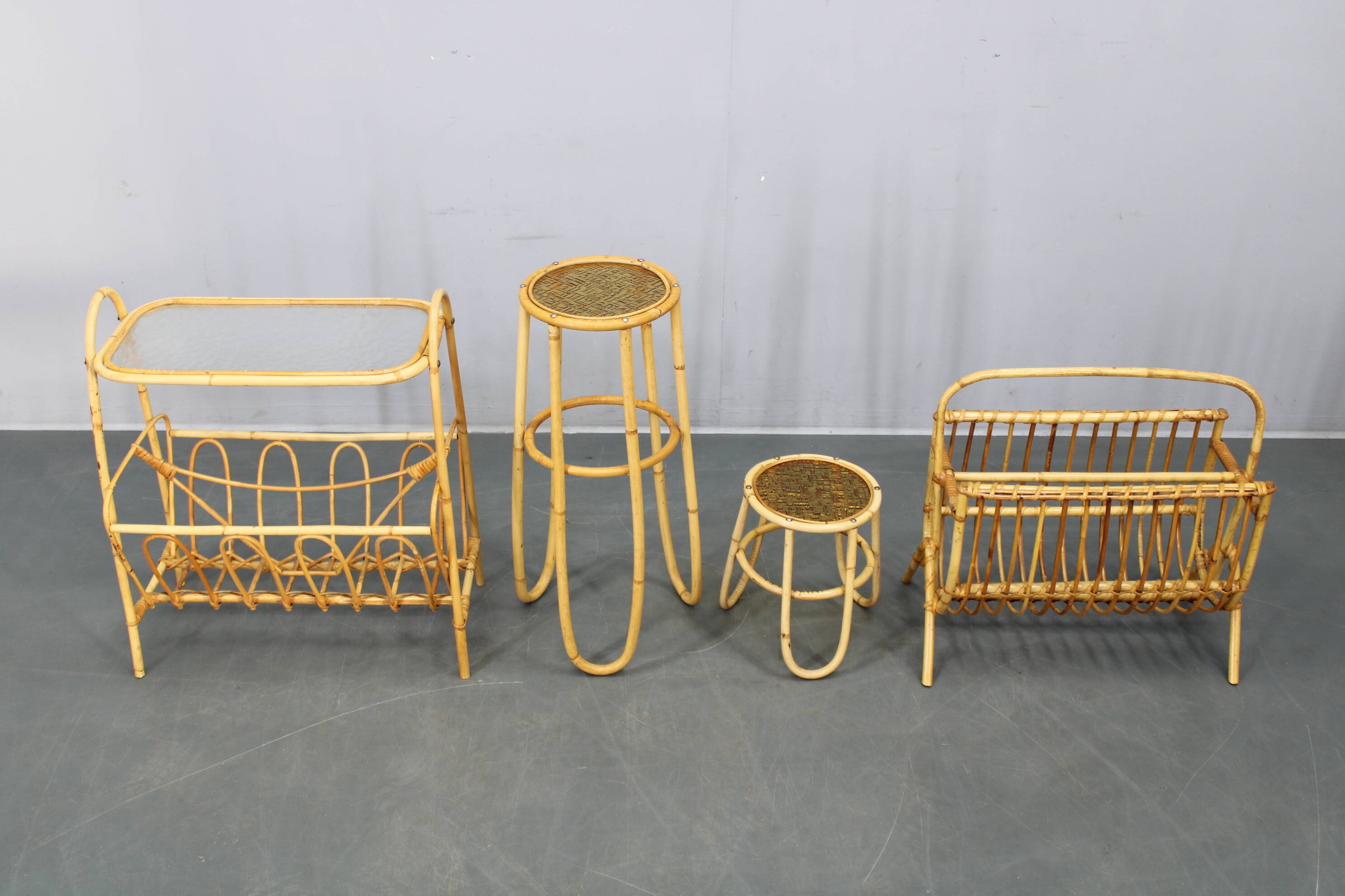 Mid-century European rattan accessories set with tables and magazine racks, 1960s