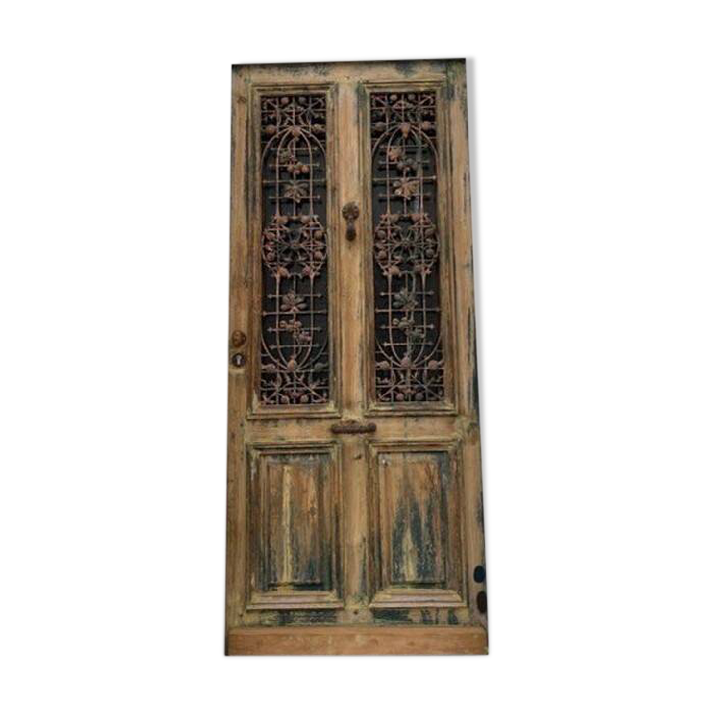 Front door of a house or building in the city centre, with a dolphin door knocker and frame + transom.