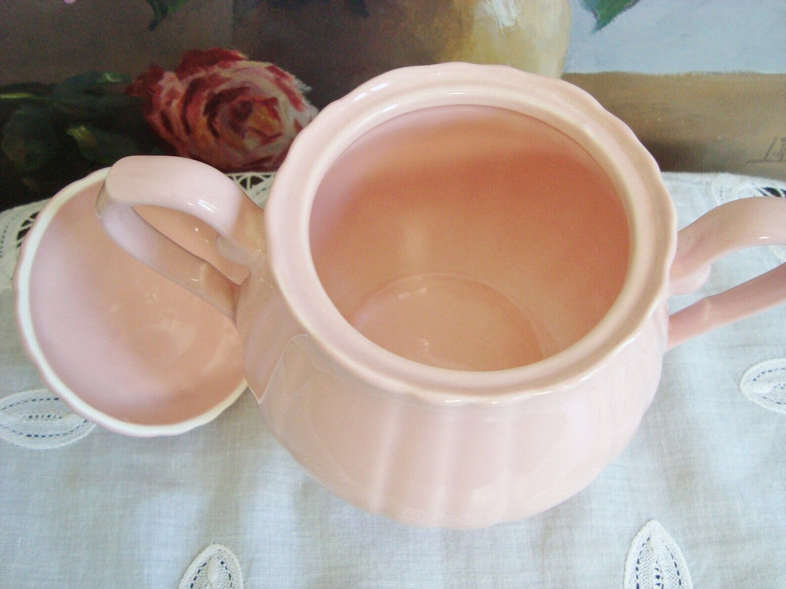 Vintage pink ceramic sugar bowl made by Salins France