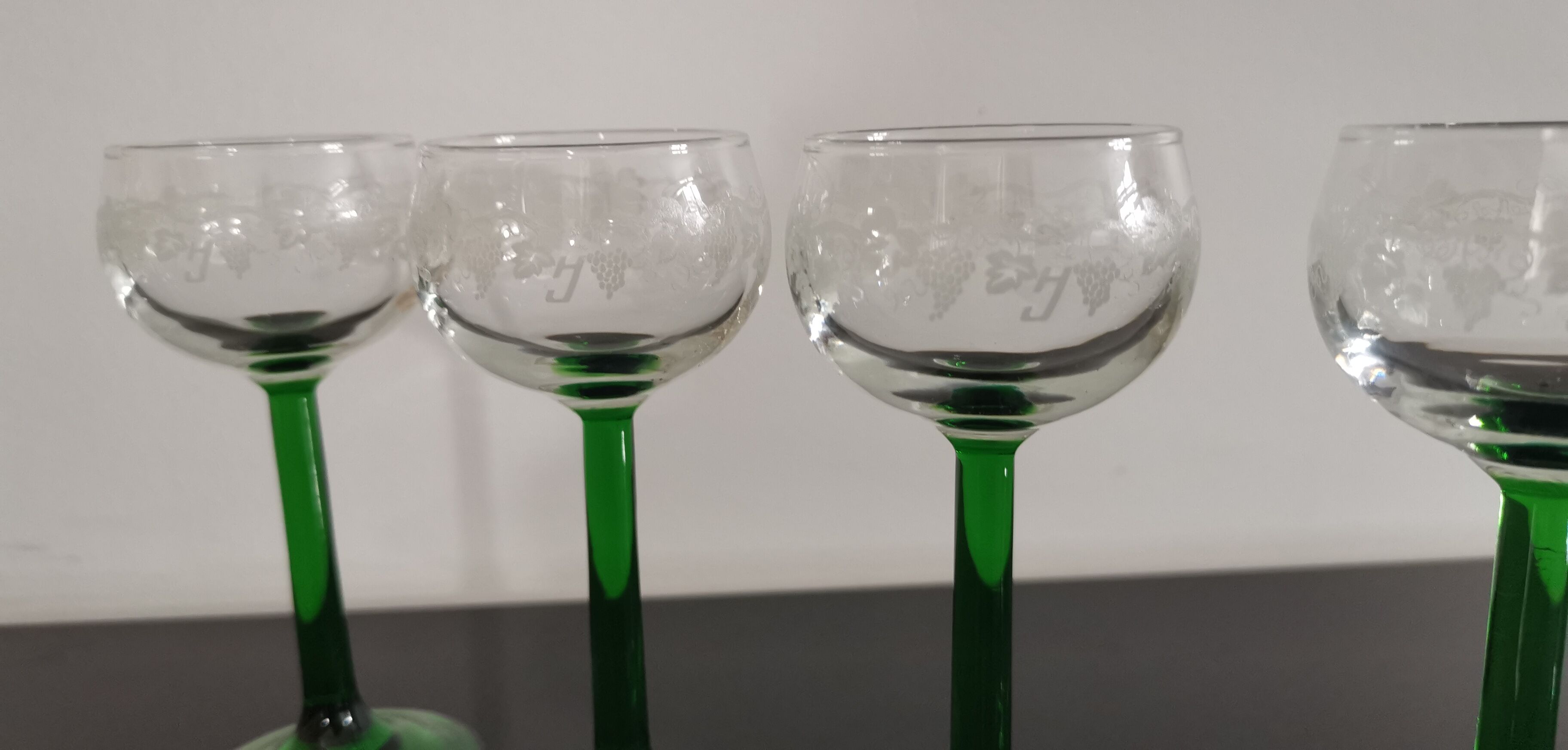 Vintage Alsace wine glasses with green feet decorations Bunches of Grapes and Vines HJ