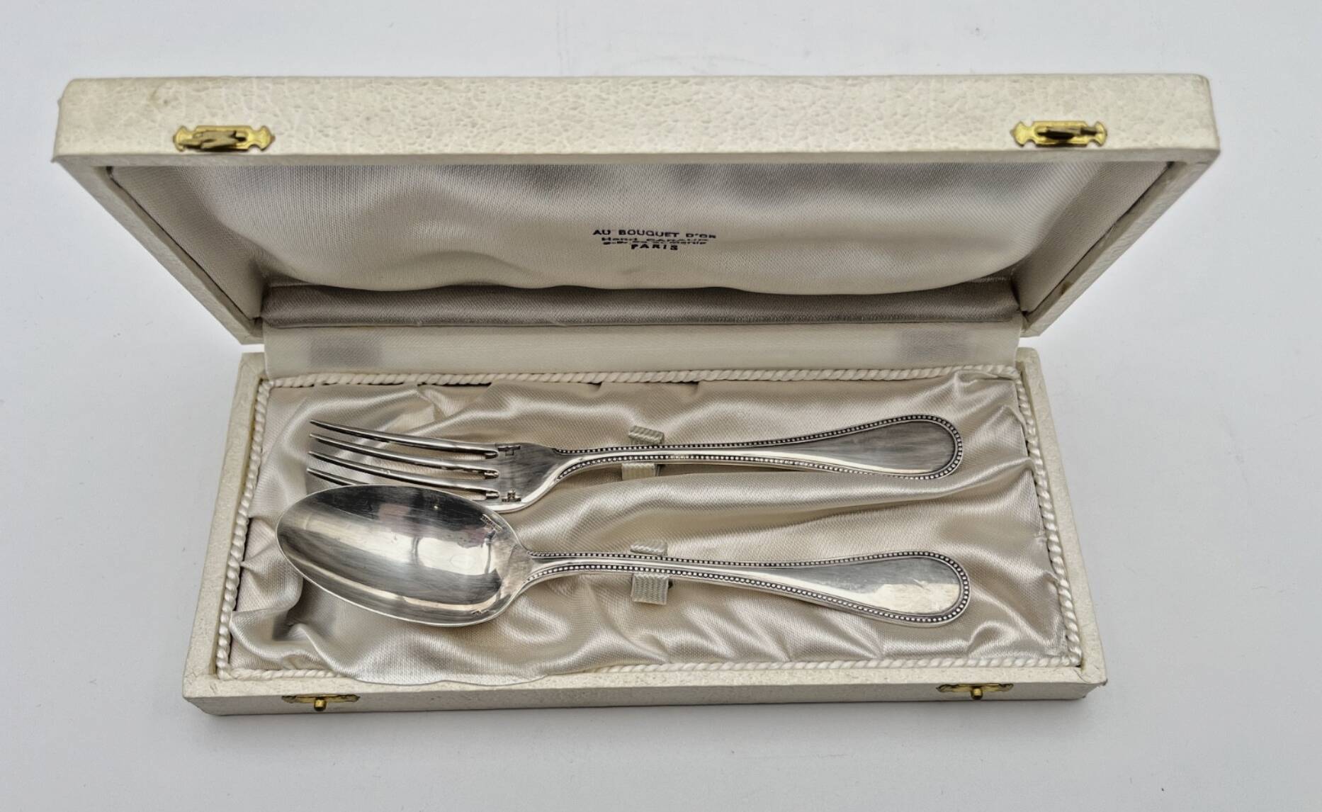 Christofle christening spoon and fork, Perle model, with case