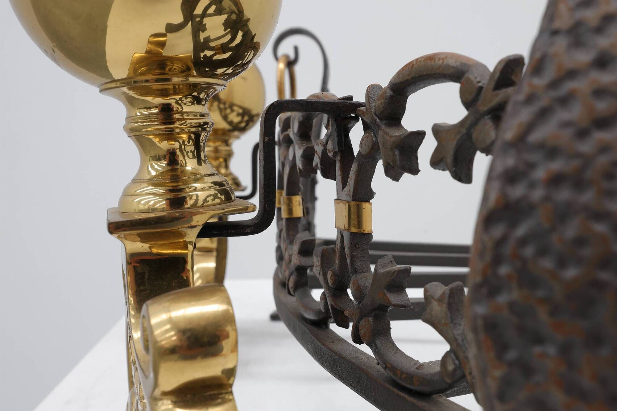 Pair of French Brass Firedogs and Wrought Iron Fireplace Grate, 20th Centur
