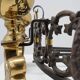 Pair of French Brass Firedogs and Wrought Iron Fireplace Grate, 20th Centur