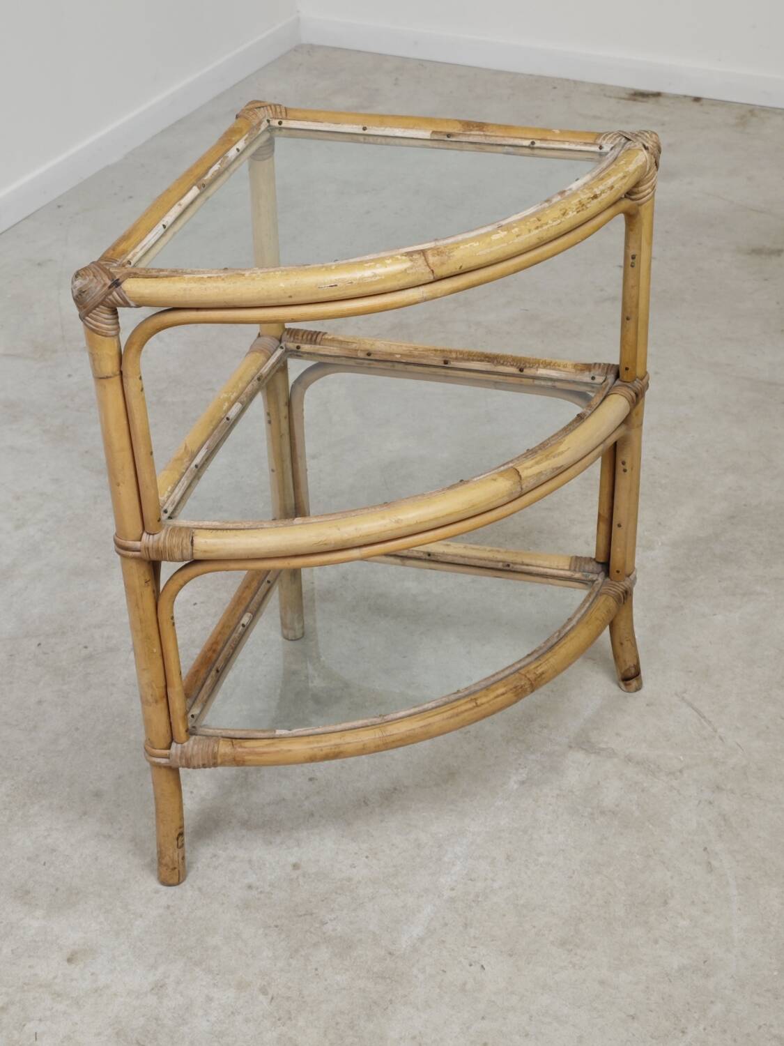 Rattan and glass corner shelf 1970