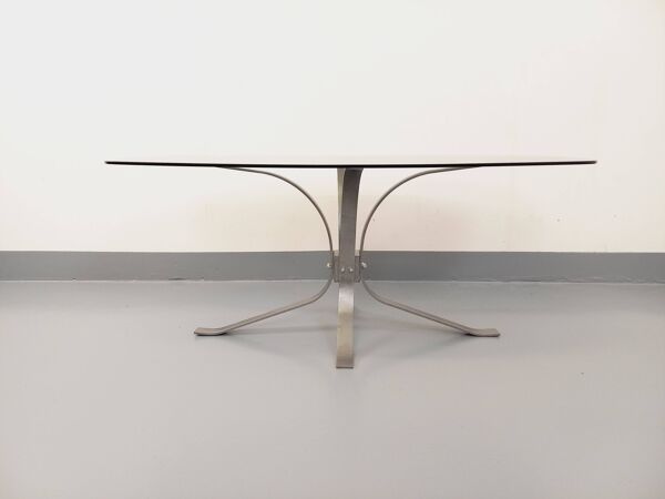 Table basse ovale rectangulaire arrondie vintage en verre et métal chromé des années 70