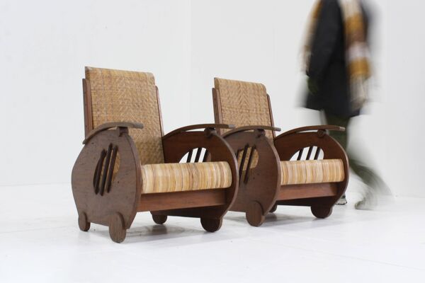 Ensemble de fauteuils en rotin tressé au design Art déco, années 1930, Italie