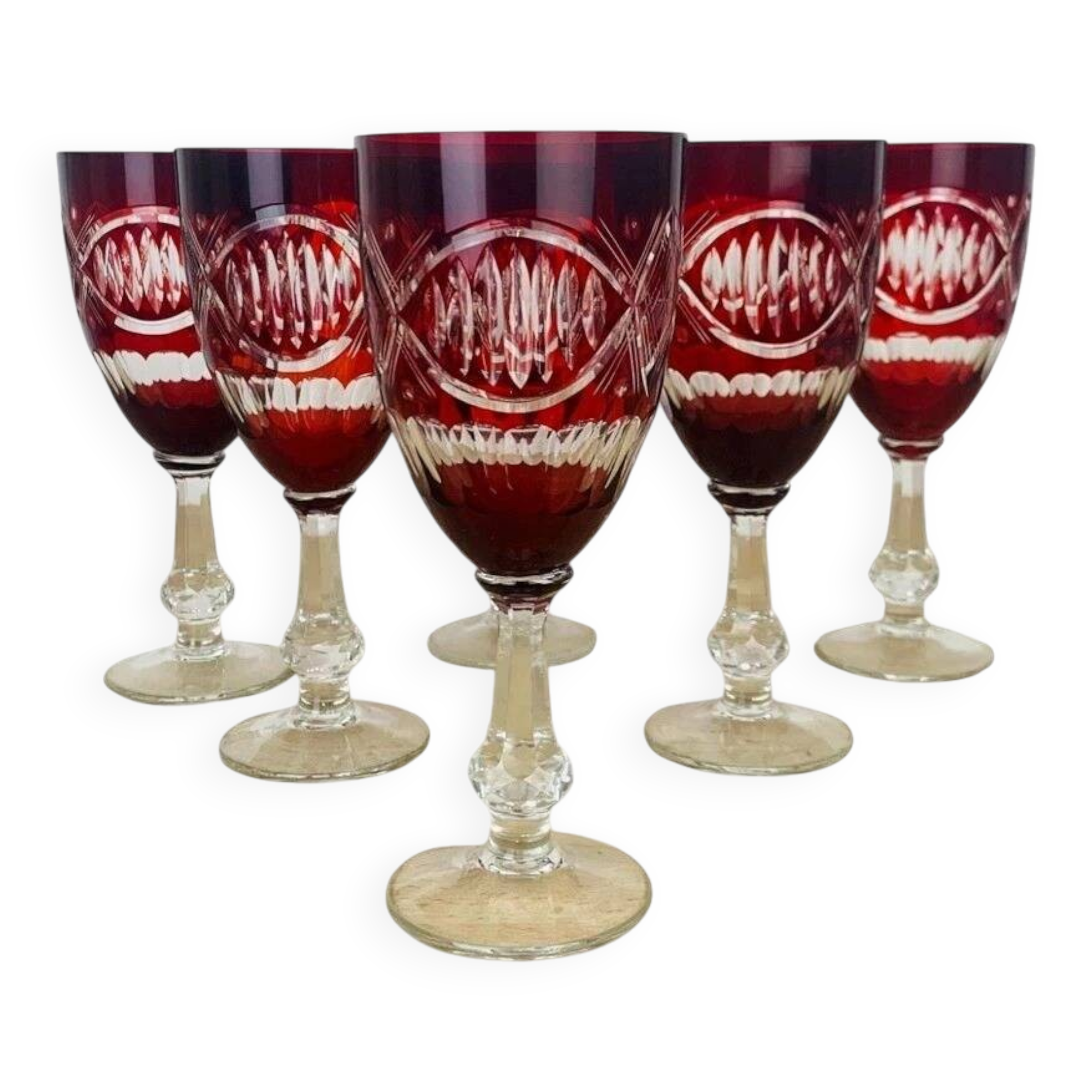 6 antique red Bohemian crystal wine glasses.