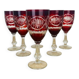 6 antique red Bohemian crystal wine glasses.