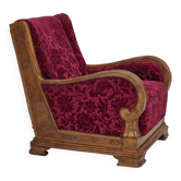 Fauteuil relax danois des années 1950, velours rouge, bois de chêne.