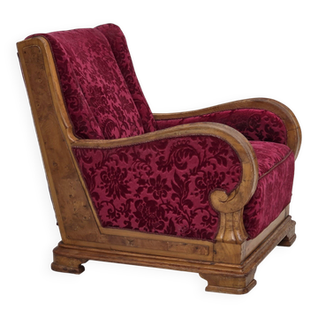 1950s, Danish relax armchair, red furniture velour, oak wood.
