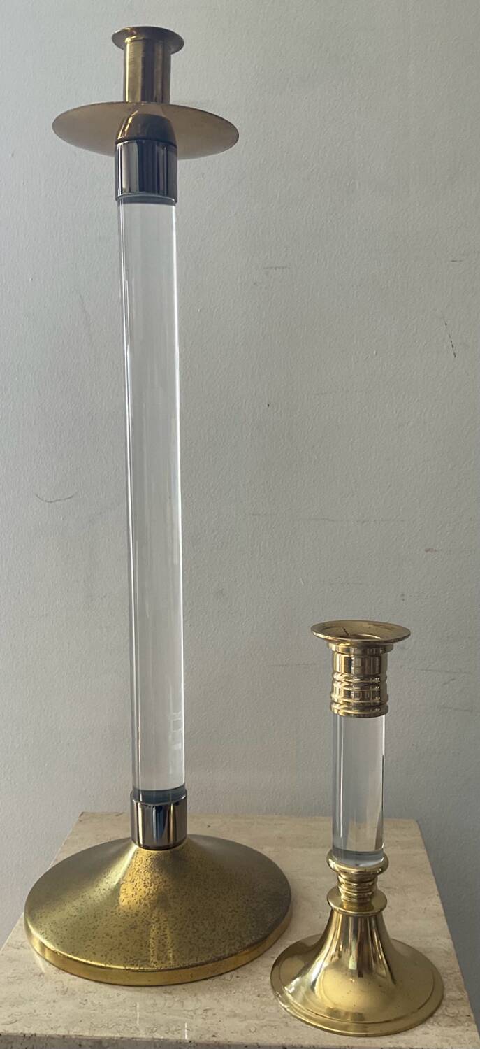 Duo of vintage brass and lucite candlesticks