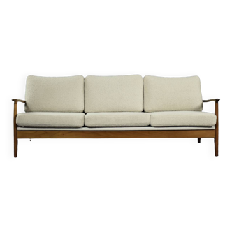 Canapé et lit de repos 3 places en teck et boucle blanc, allemand moderne du milieu du siècle par eugen schmidt