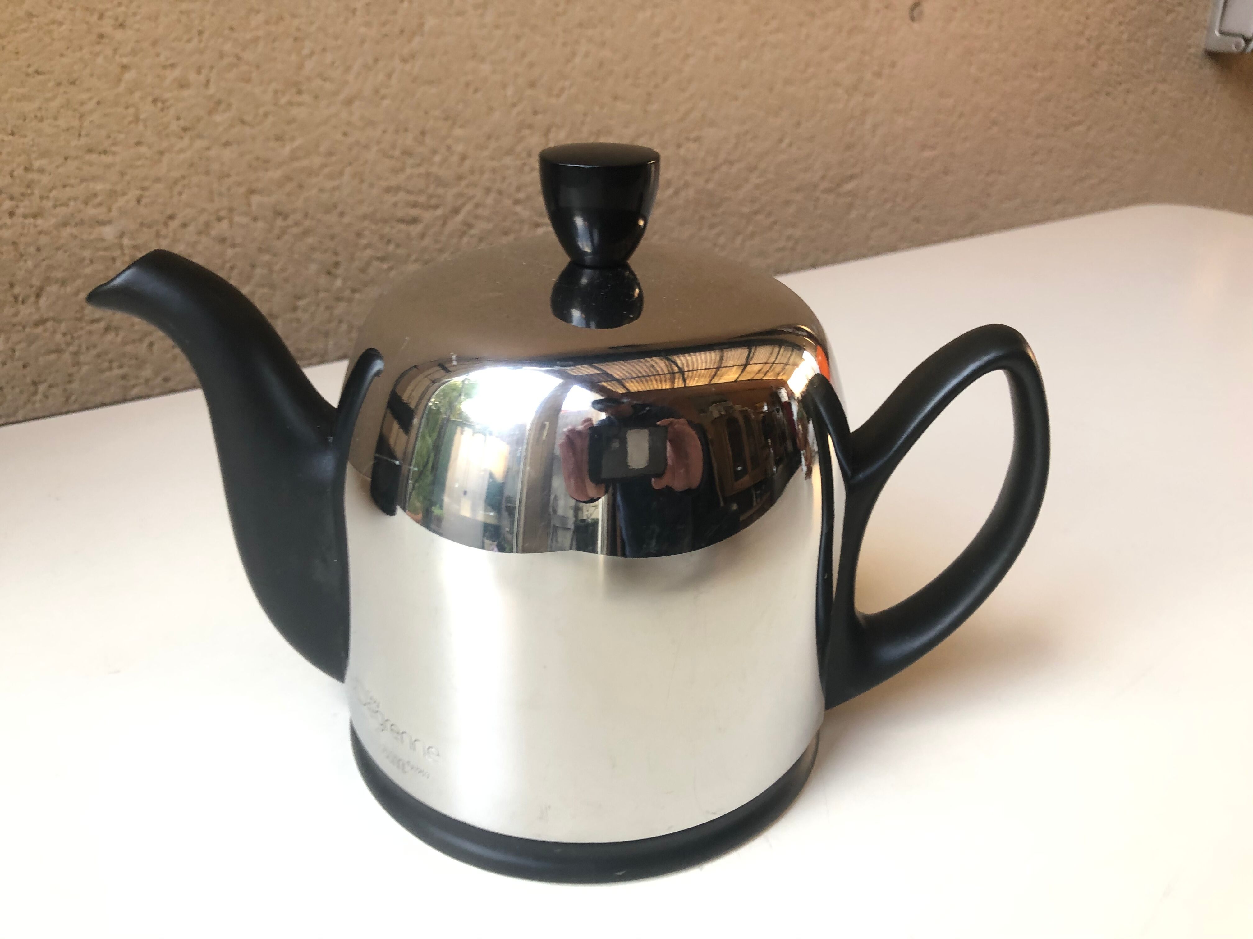 Guy Degrenne salam calorifuge teapot 4 ceramic cups - vintage chrome 70