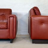 Vintage danish mid century cognac leather lounge chairs 1970,s