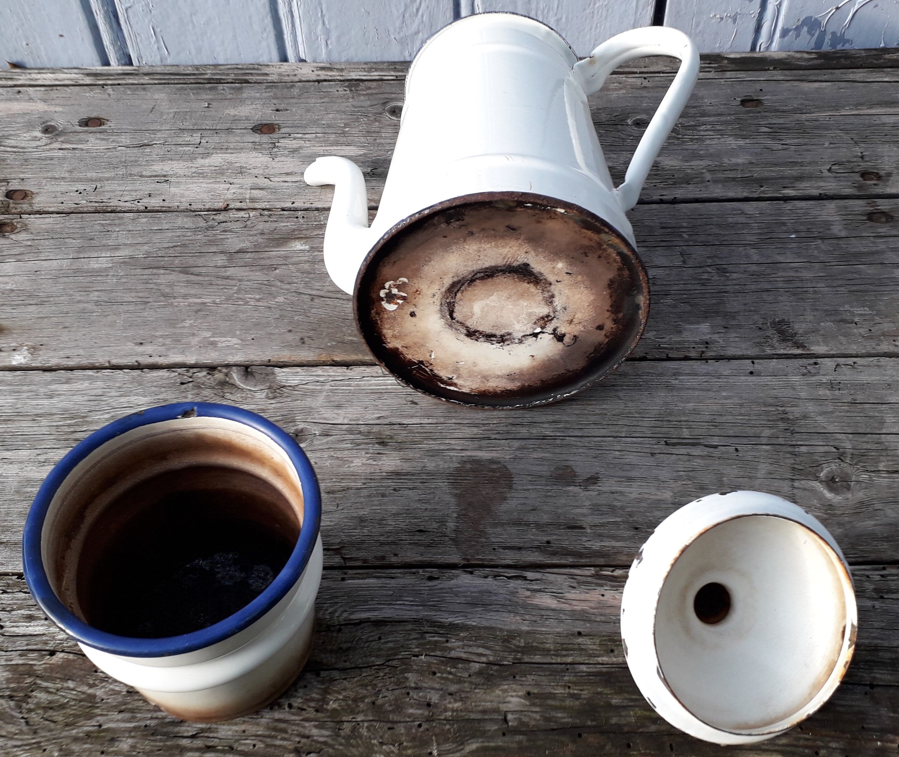 White and blue enamelled coffee maker