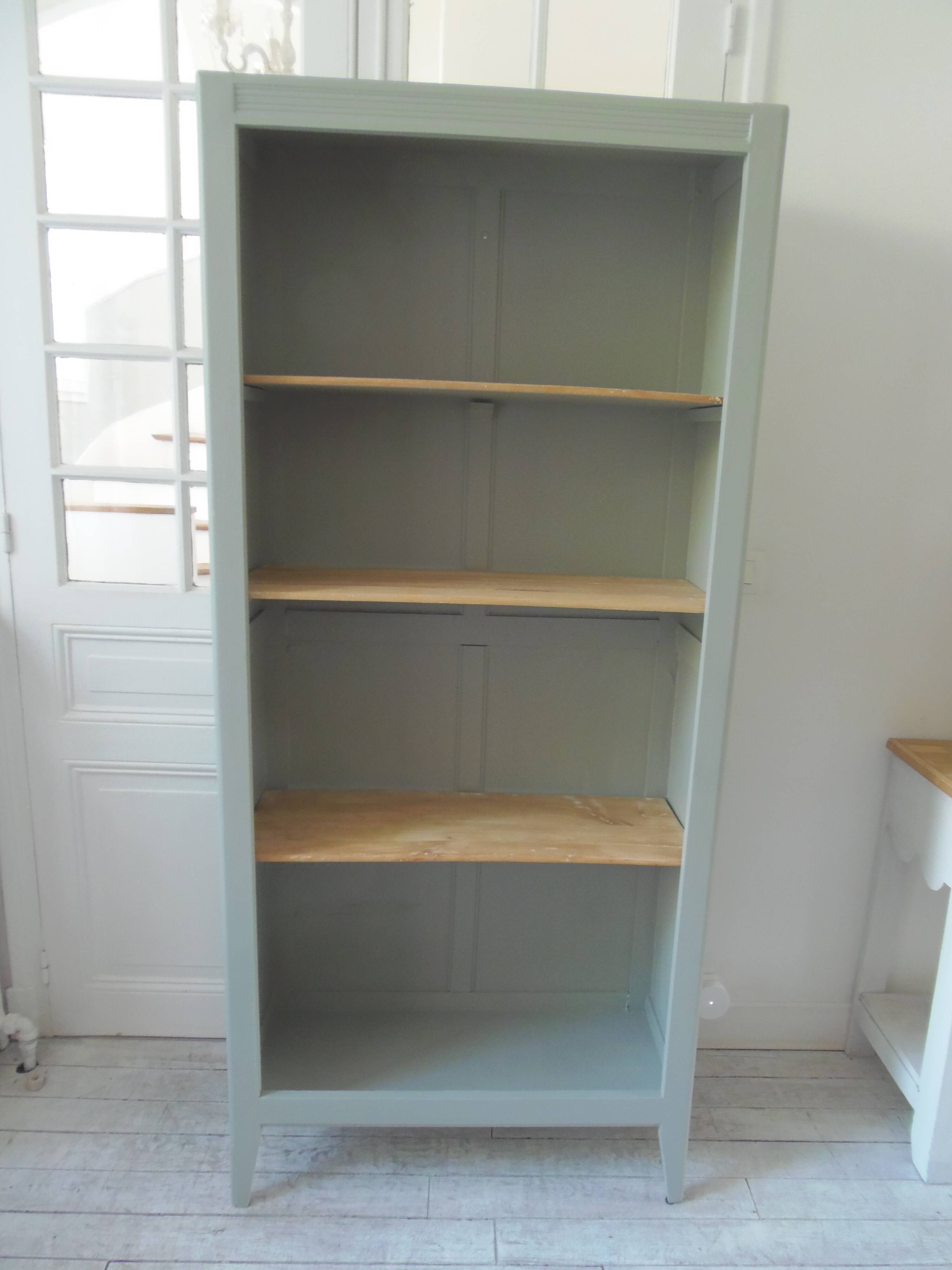 Vintage shallow bookcase re-enchanted in verdigris.