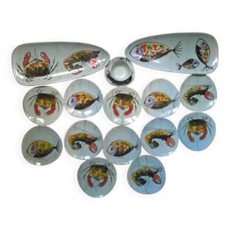 Manufacture bretonne de faïence Pornic MBFA 1960, service à poisson