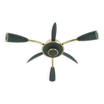 Plafonnier Spoutnik à 3 lumières en laiton et métal gris, années 1950