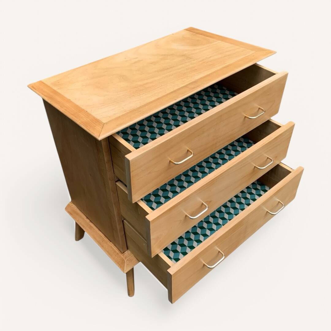 Vintage chest of drawers with compass feet, solid raw beech, 1960s