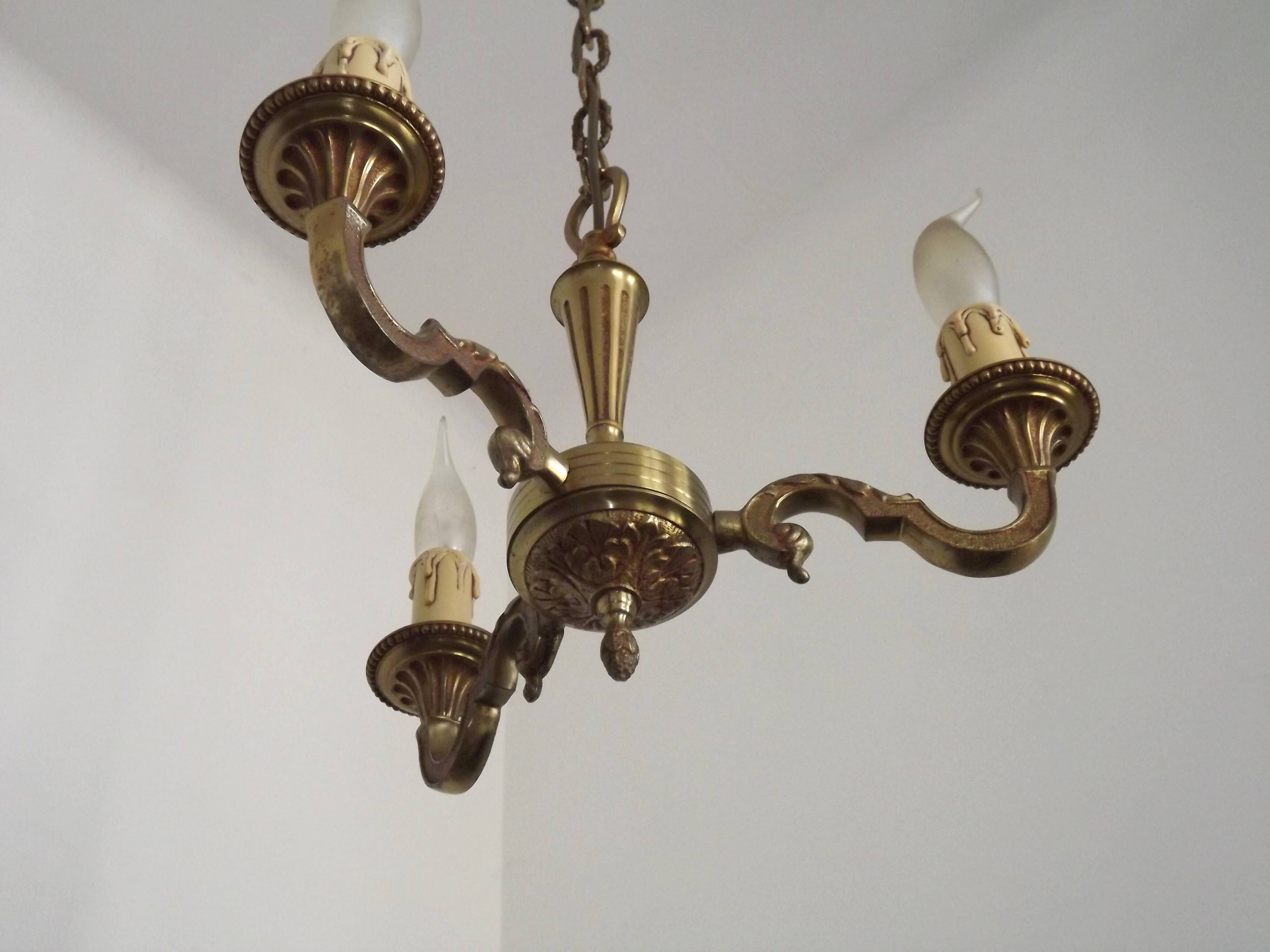 Petite Brass Vintage French Mid Century Traditional 3 Light Chandelier 5365