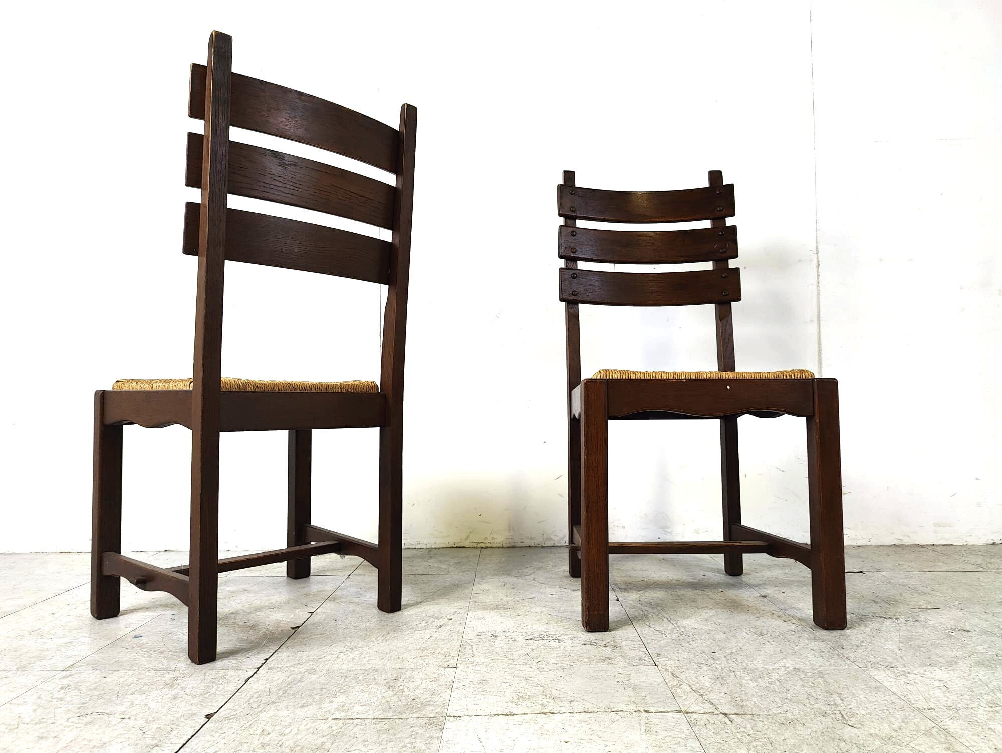 Vintage oak and wicker brutalist dining chairs, 1960s