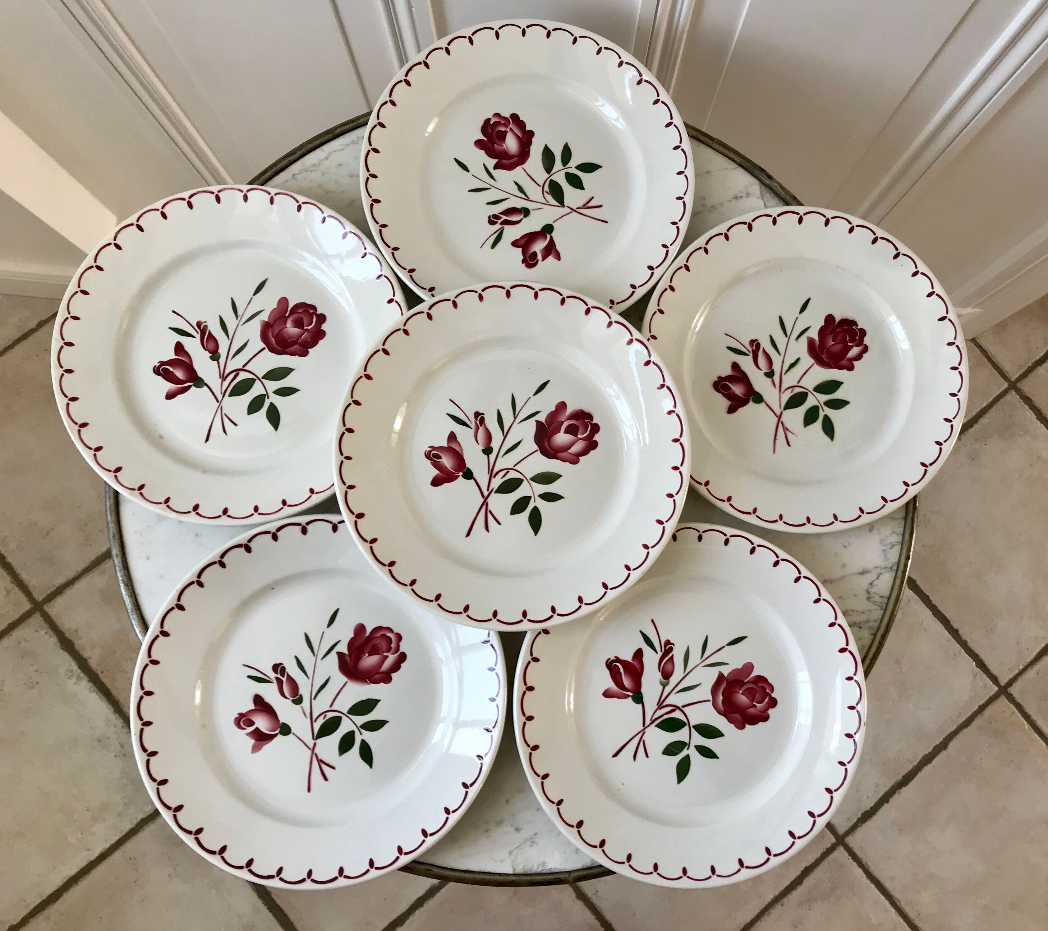 Set of 6 flat flower plates Badonviller 30s