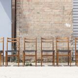 Set of 6 Scandinavian chairs in beech and black skaï, 1960s