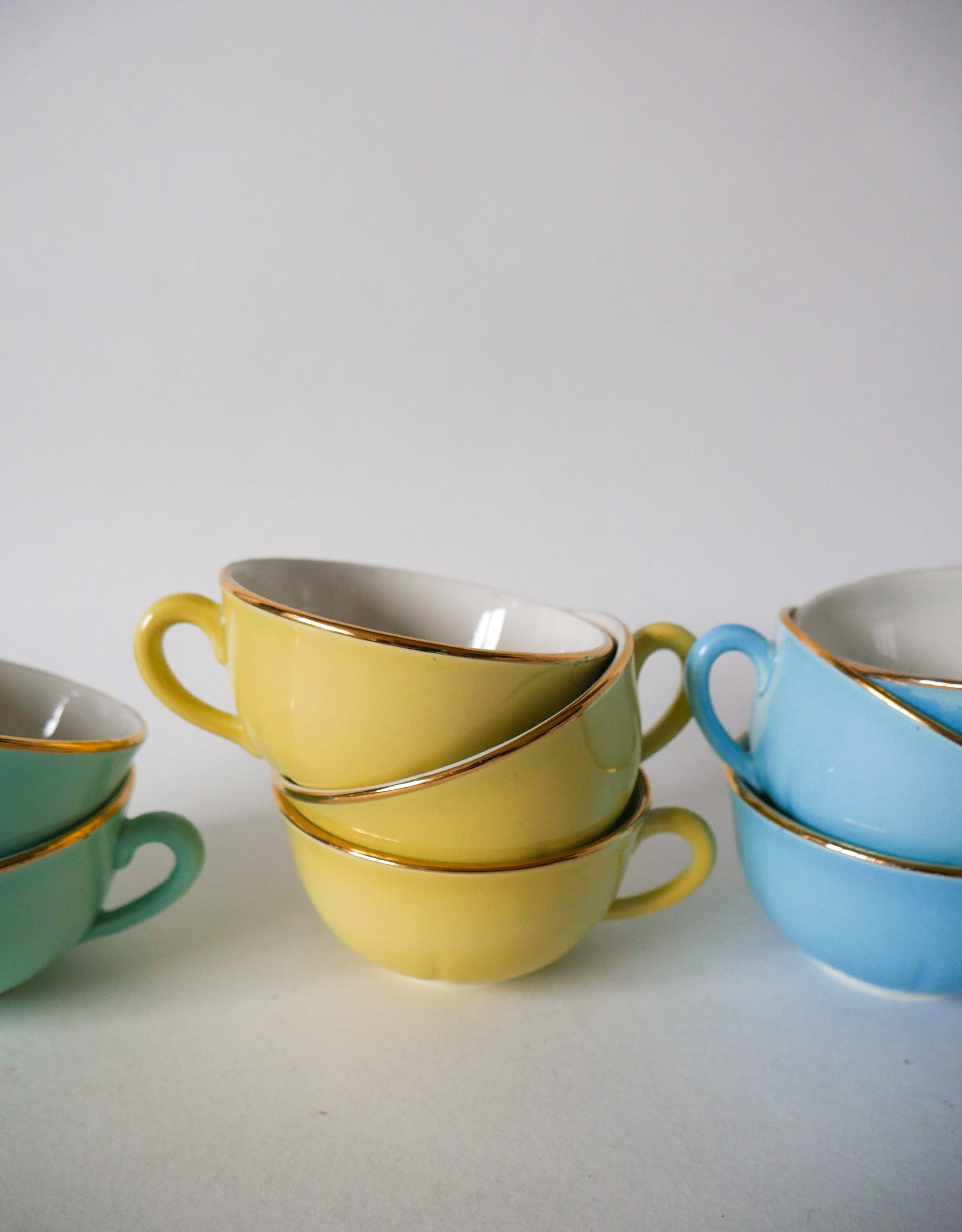 Set of 6 coffee cups fb badonviller pastel yellow green blue 1950